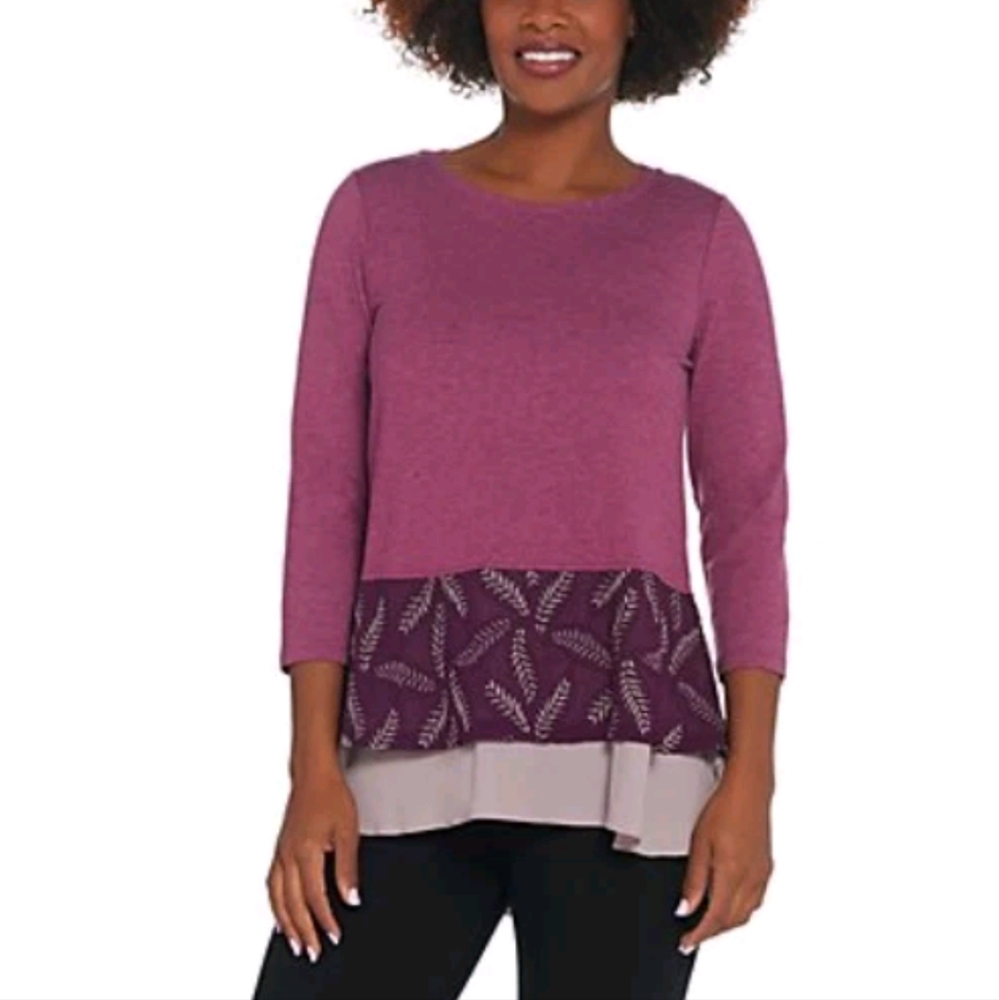 LOGO Lounge by Lori Goldstein French Terry Tunic Top Tiered High Low Boho Sz XXS